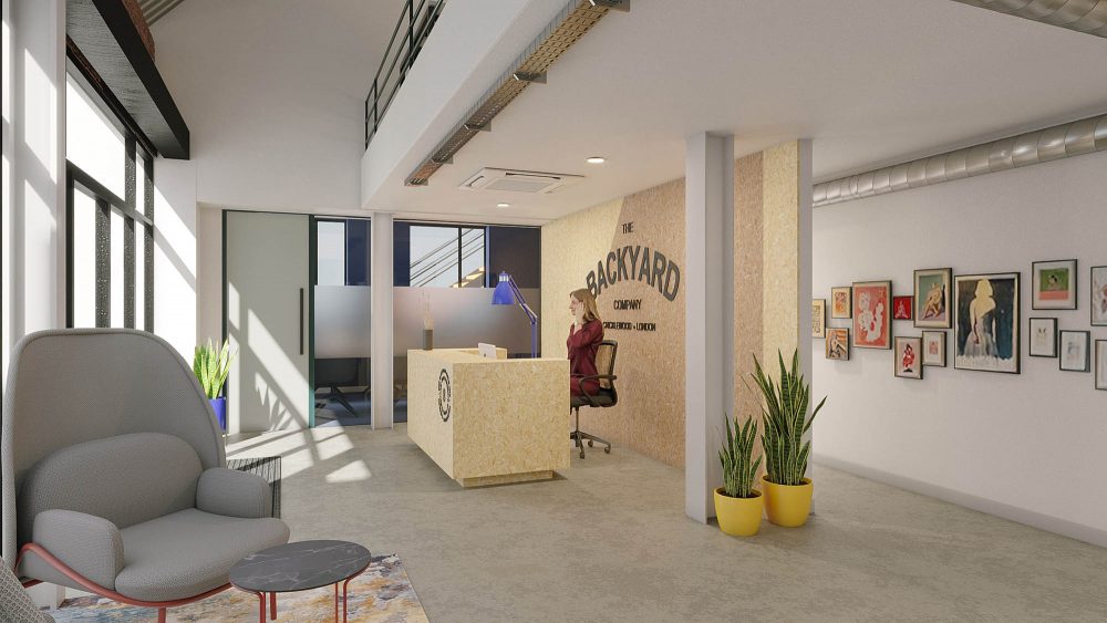 Reception area in coworking space The Backyard Co in Cricklewood