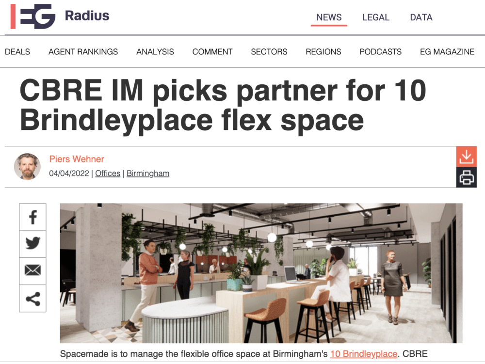 Press: CBRE IM picks partner for 10 Brindleyplace flex space – EGI News